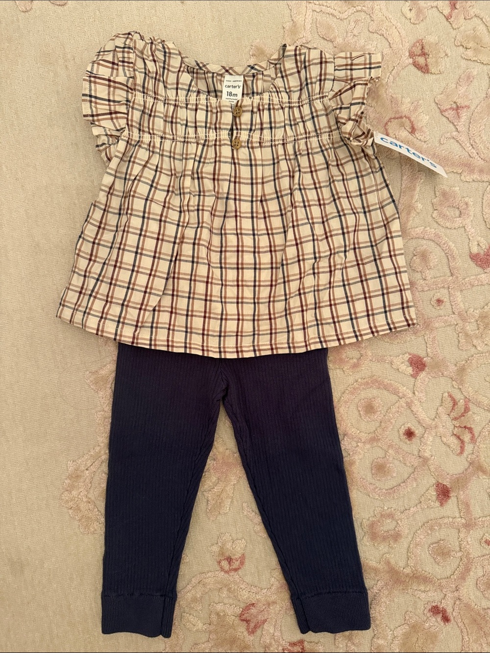 NWT Carter's Cream Plaid Peasant Top with Navy Ribbed Leggings